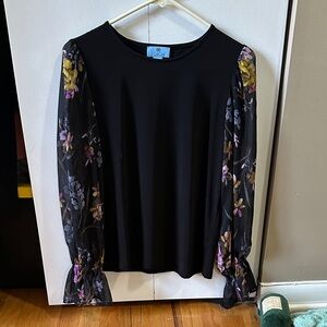 CeCe Black Top with Floral Sheer Sleeves